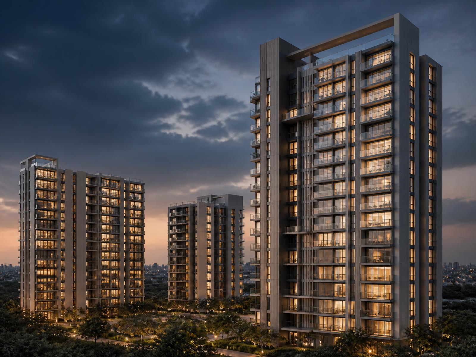 Modern residential apartment towers in Bangalore at dusk